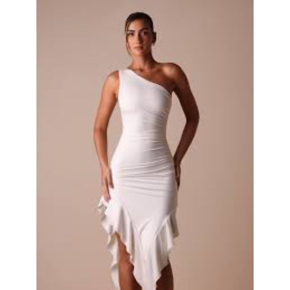 Oh Polly Cream One-Shoulder Asymmetrical Ruffle Dress